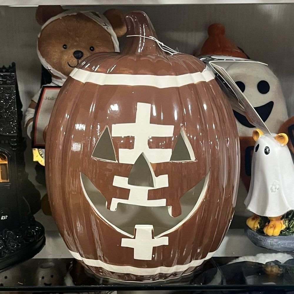 Halloween Football LED Light Up Pumpkin Jack O Lantern Ceramic Home Decor